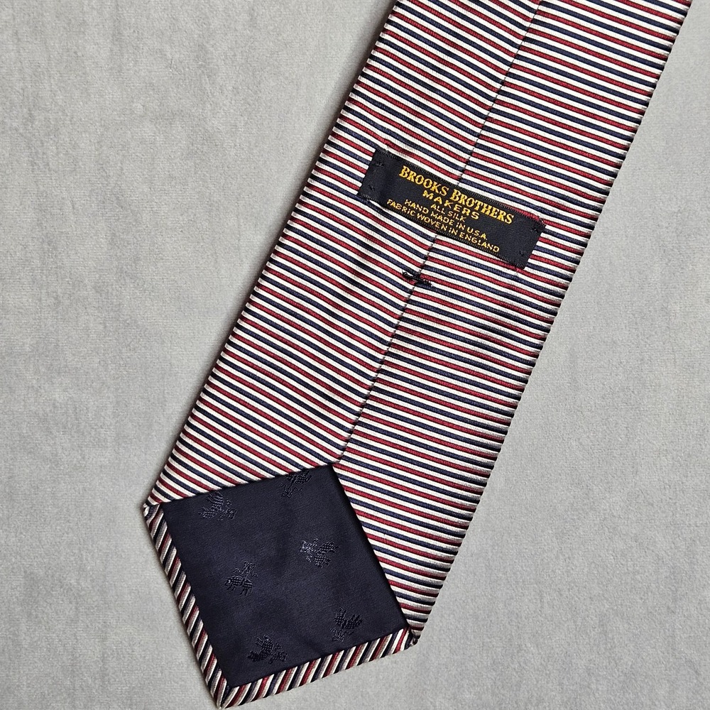 Brooks Brothers Makers Tie Mens Red Blue Silver Striped Silk Made In USA